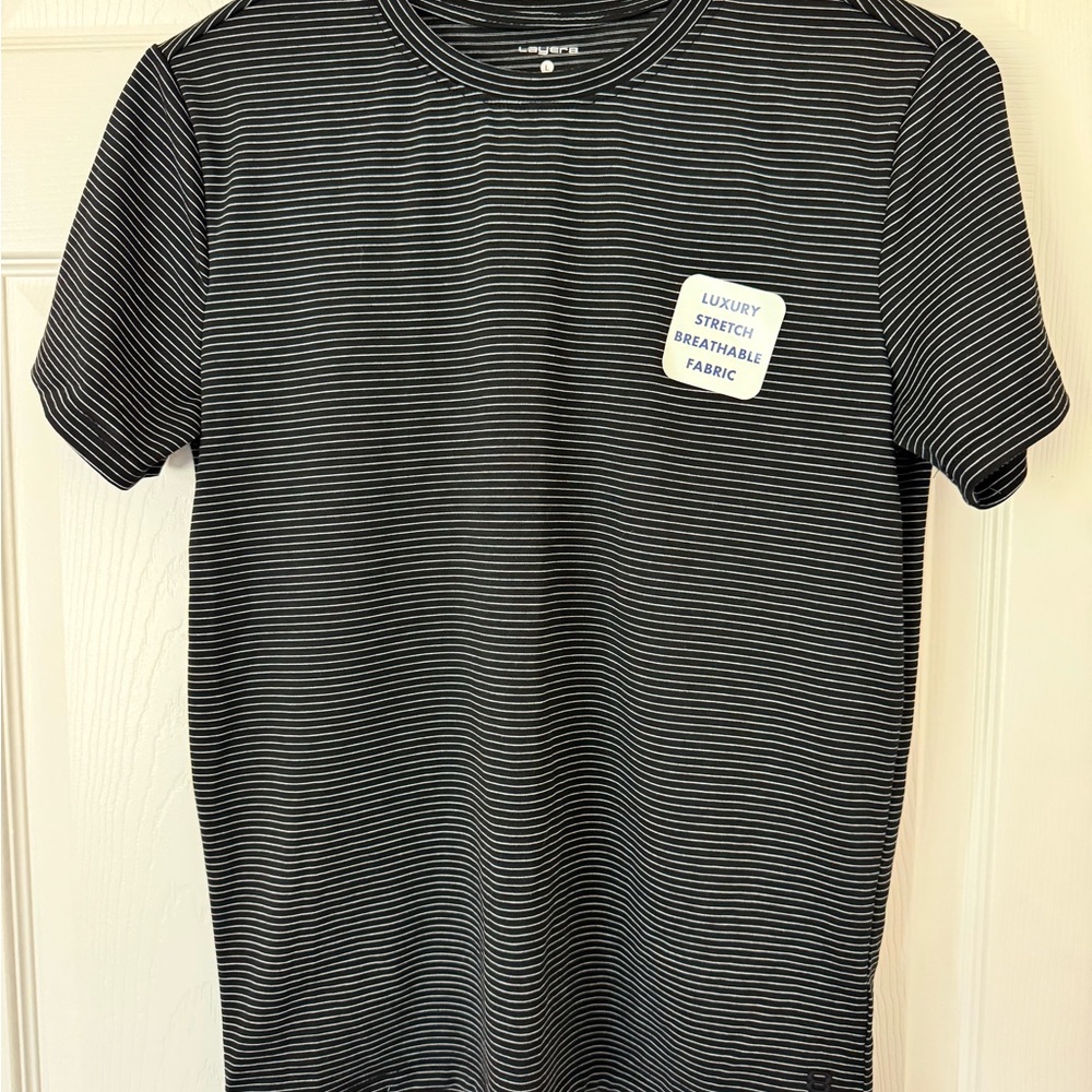 Layer 8 Black and White Short Sleeve Tee with Striped Design